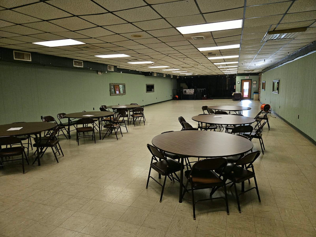 Actual rental hall at Greenville Memorial VFW Post 3175, with tables, chairs and stage